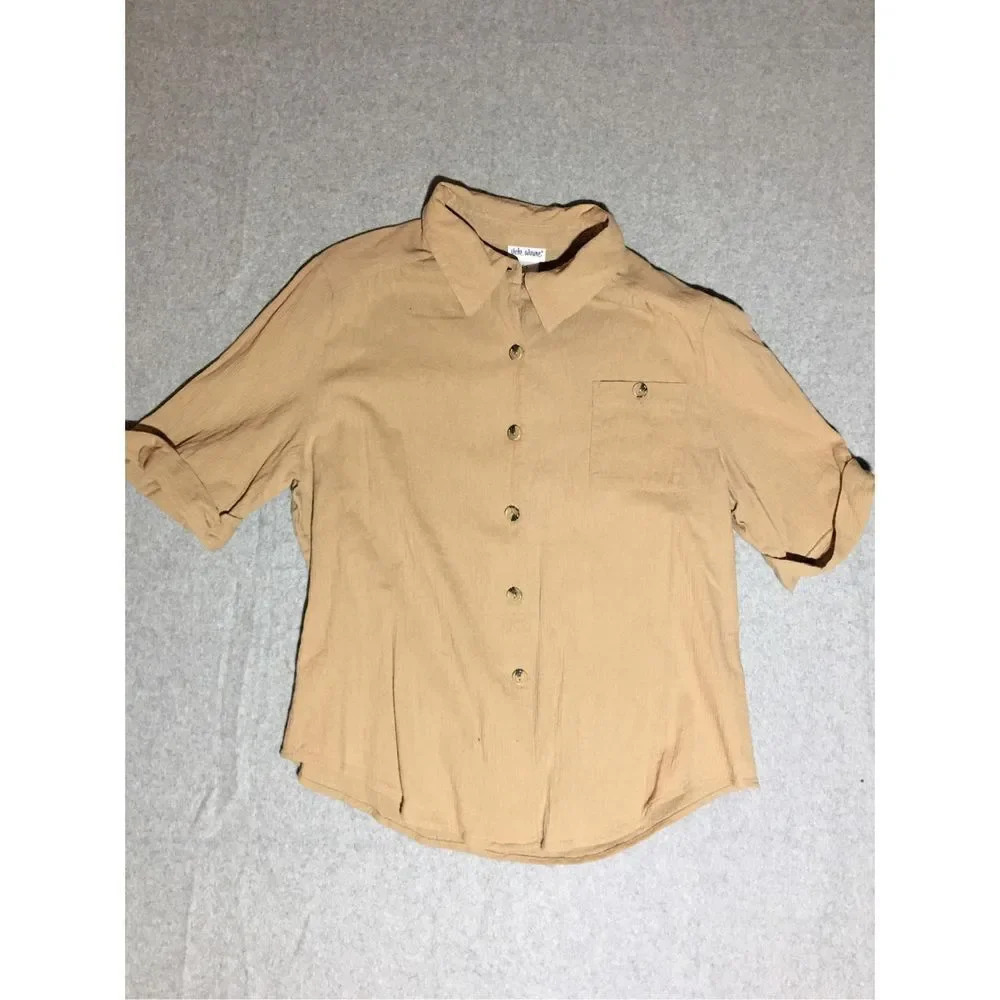 Womens Vicki Wayne Button Up Shirt Size Petite Large Tan Cotton Rolled Sleeve